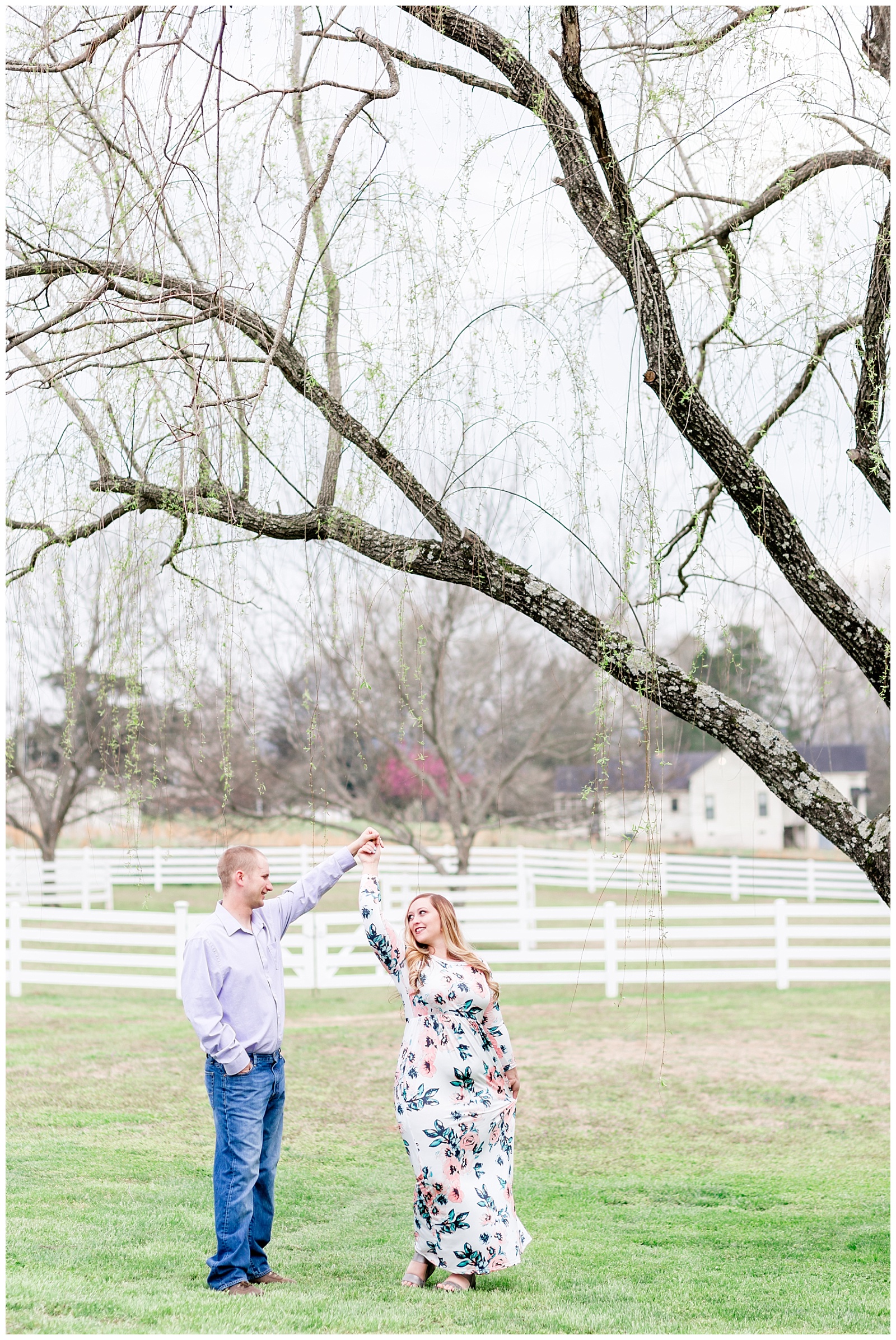 Southern Farm Engagement Session with Pastel and Floral Outfits under a Weeping Willow