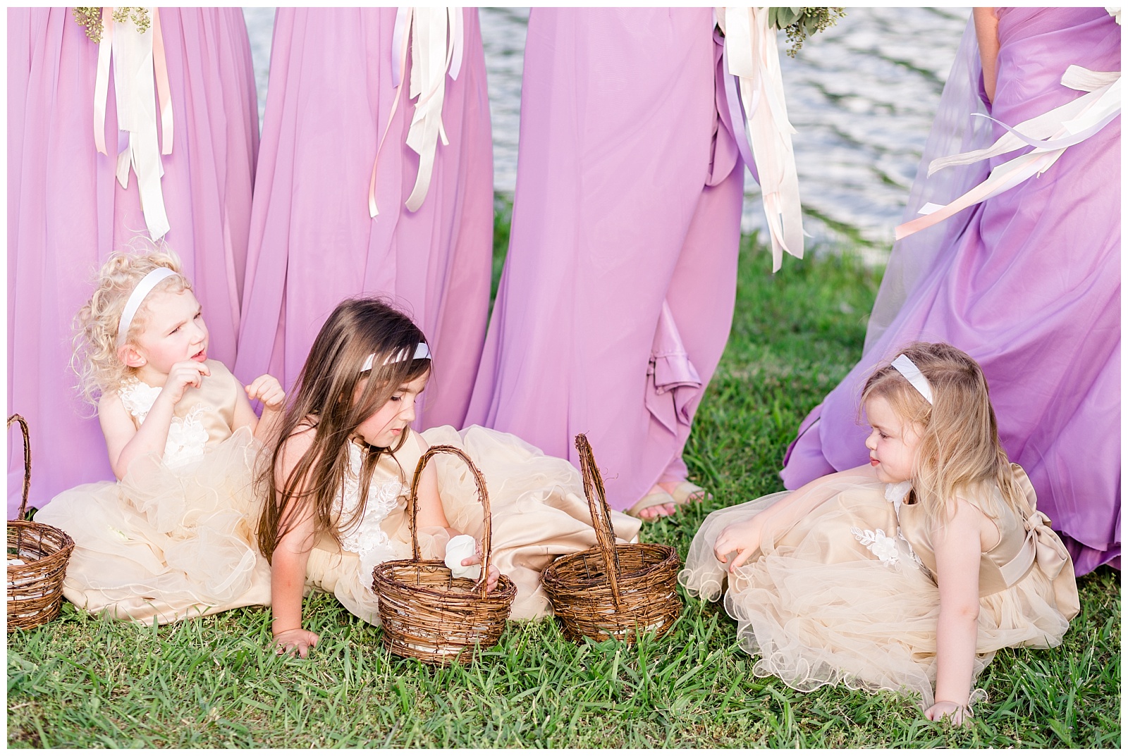 southern country wedding with flower girls with purple and gold details