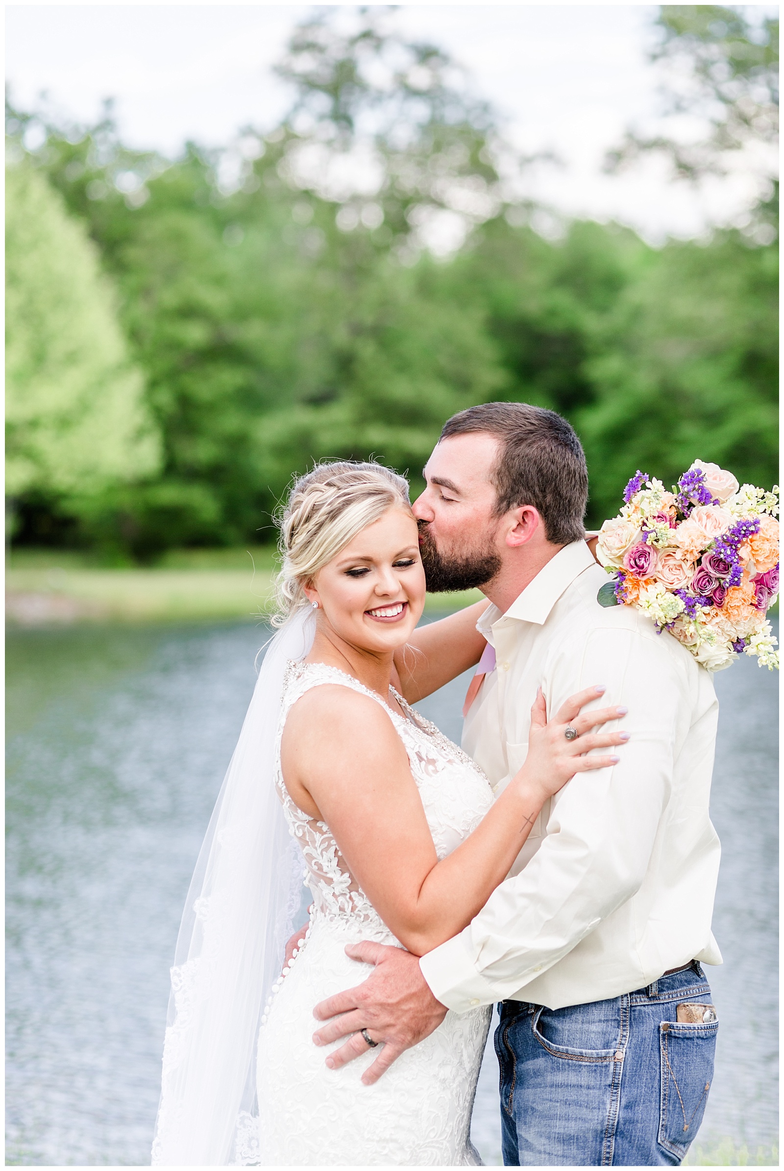 Southern alabama Bride and groom portrait for country wedding with purple and gold details and mermaid wedding dress