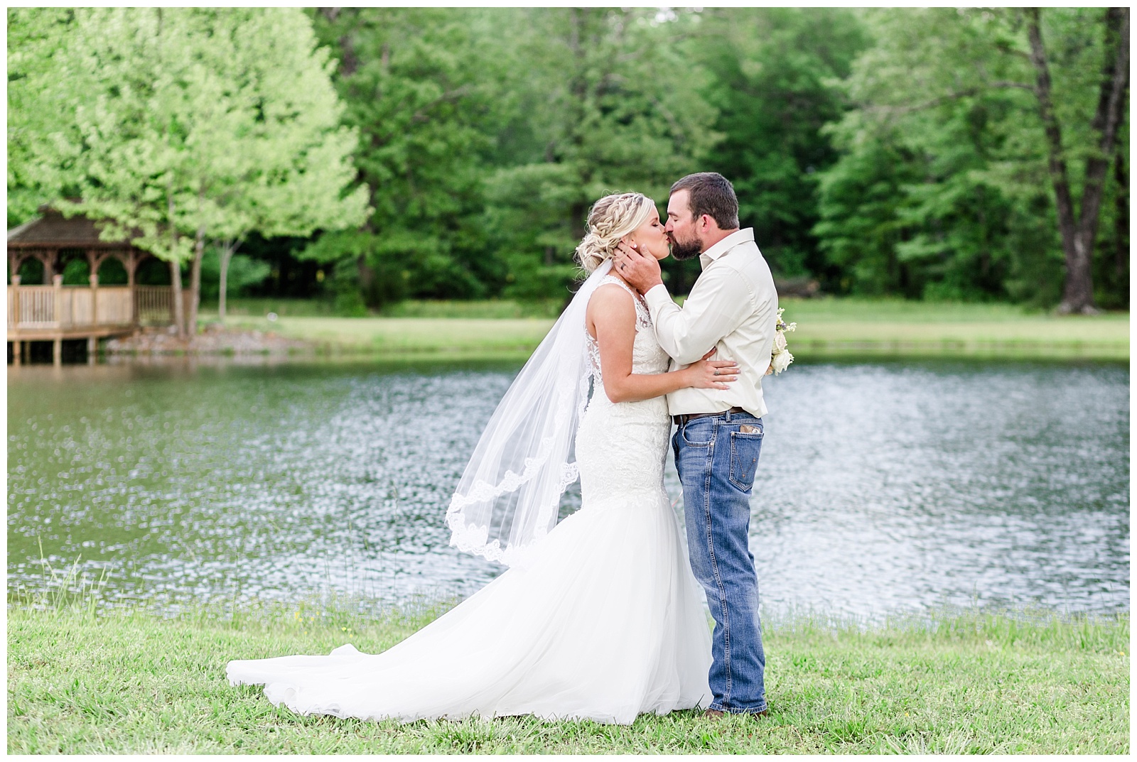 Southern alabama Bride and groom portrait for country wedding with purple and gold details and mermaid wedding dress