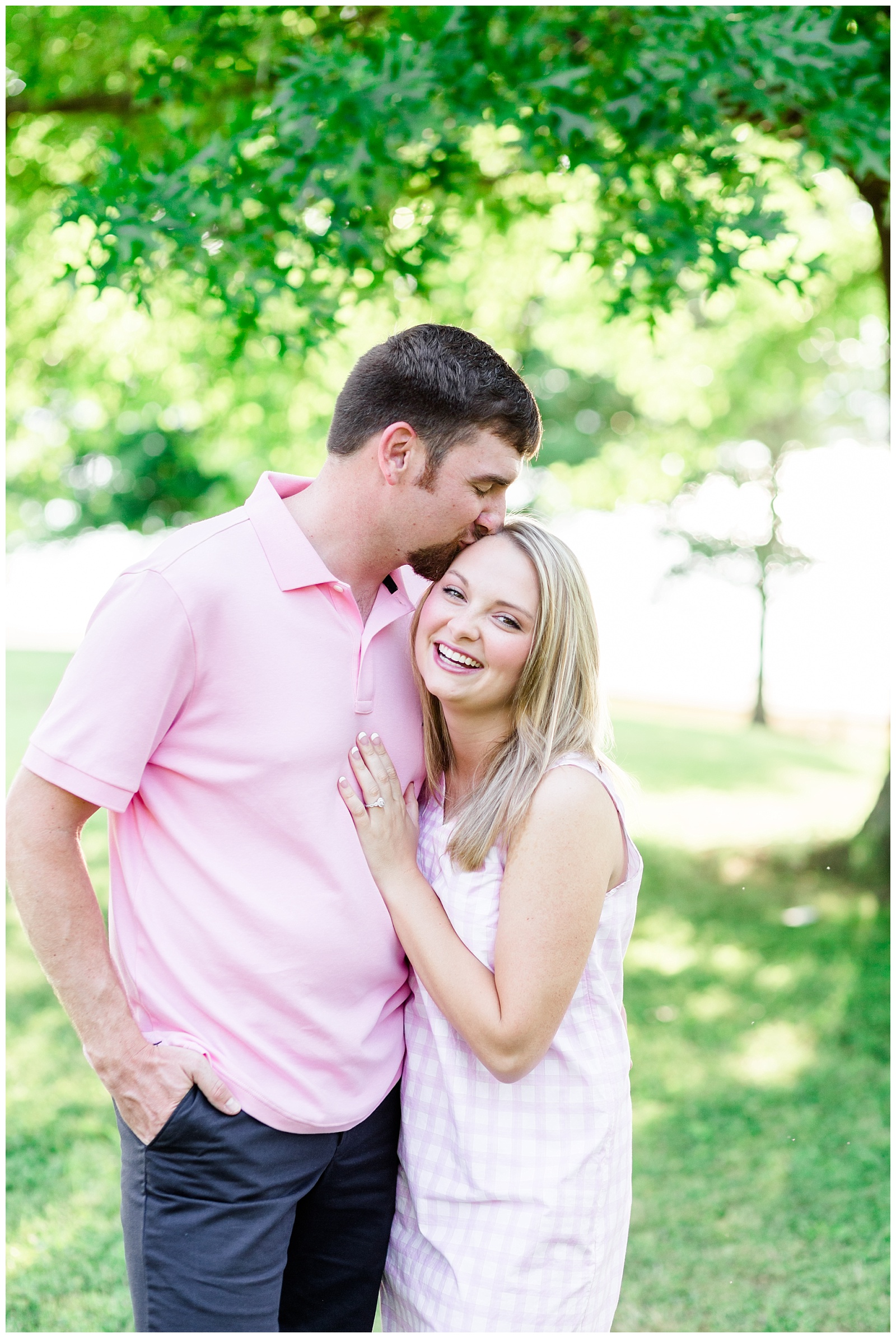spring lake engagement session in pastel pink outfits