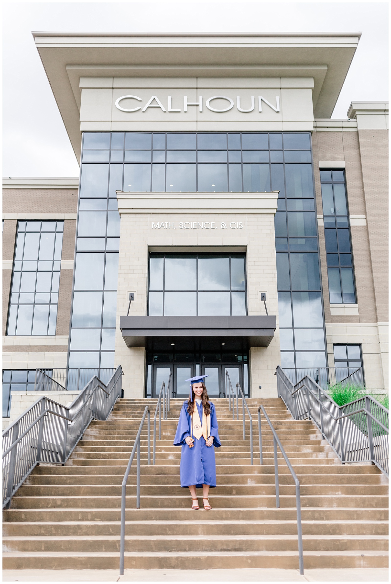 Calhoun Community College in Huntsville and Decatur Alabama with white embroidered graduation dress and blue cap and gown campus pictures