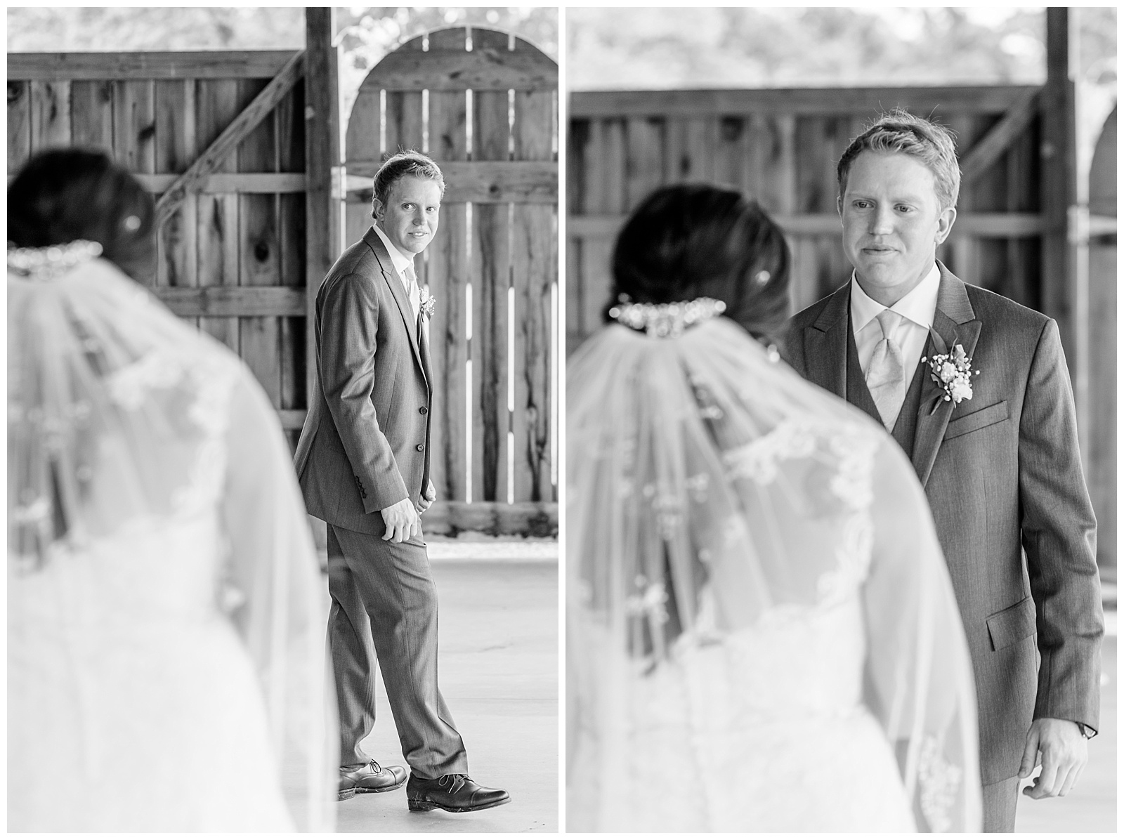 first look with groom at rustic wedding venue