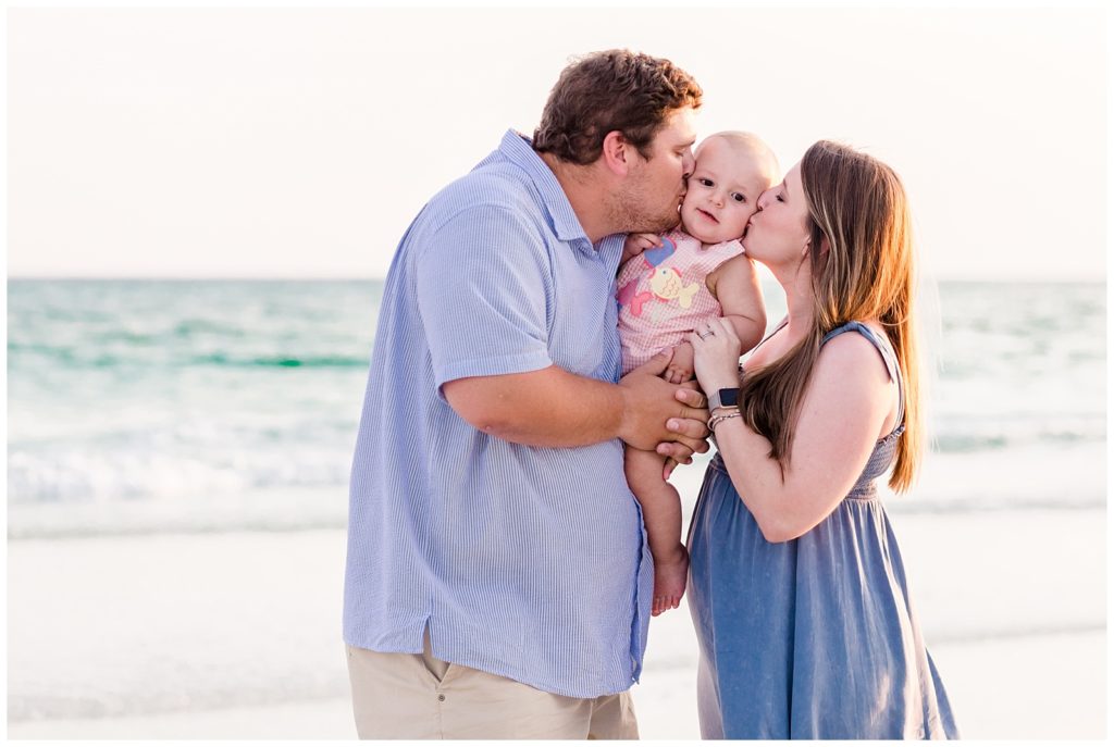 santa rosa beach family session in 30a florida in blue and coral outfits