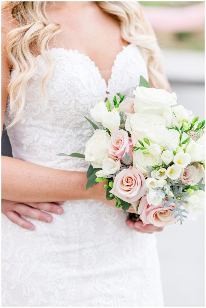 white pink and wine bouquet with strapless wedding gown