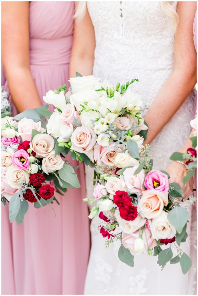 pink white and wine wedding bouquets