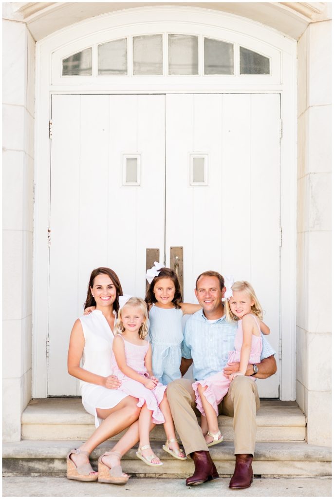downtown family session in pastels at white church