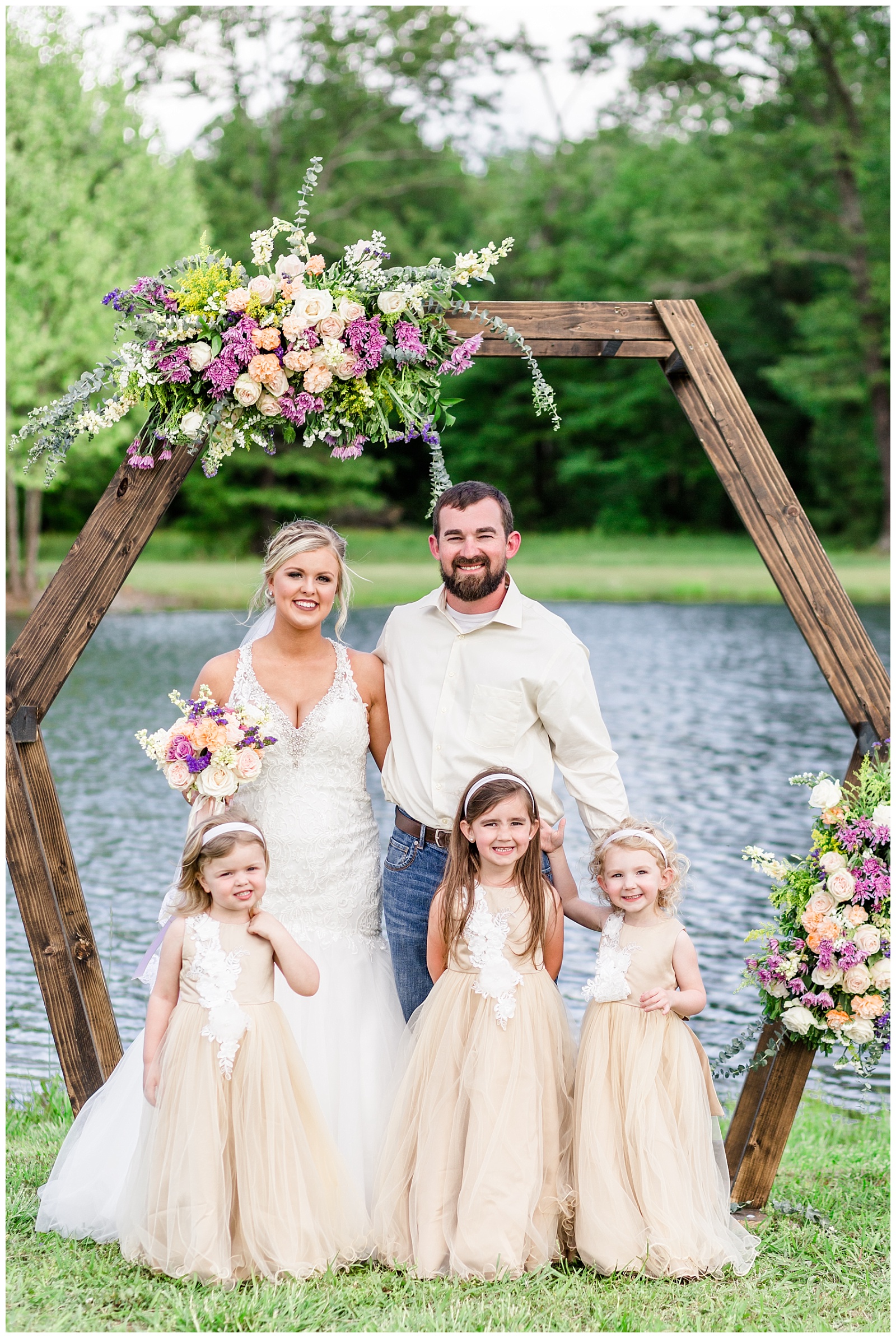Southern alabama family portrait for country wedding with purple and gold details and mermaid wedding dress with bride and groom and their children
