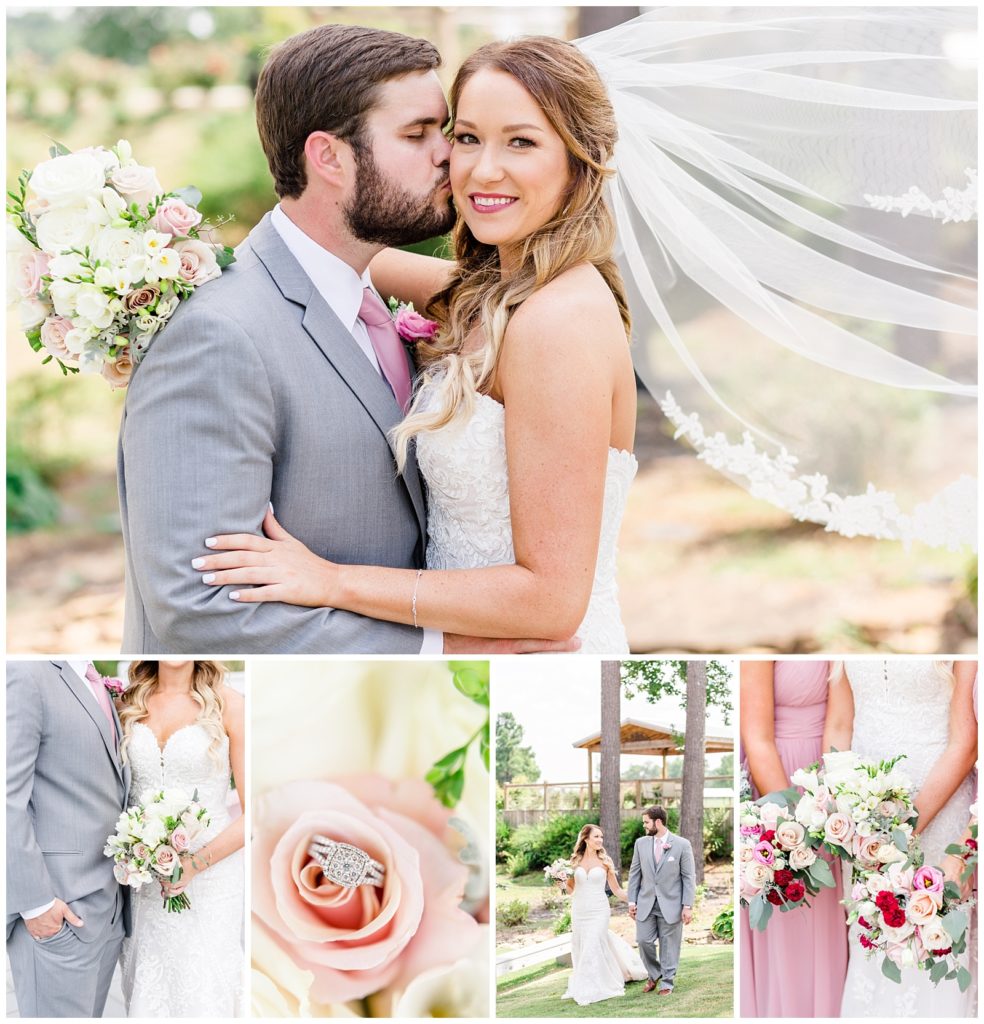 pink, white, and wine alabama wedding collage photo with strapless lace wedding gown and grey suit