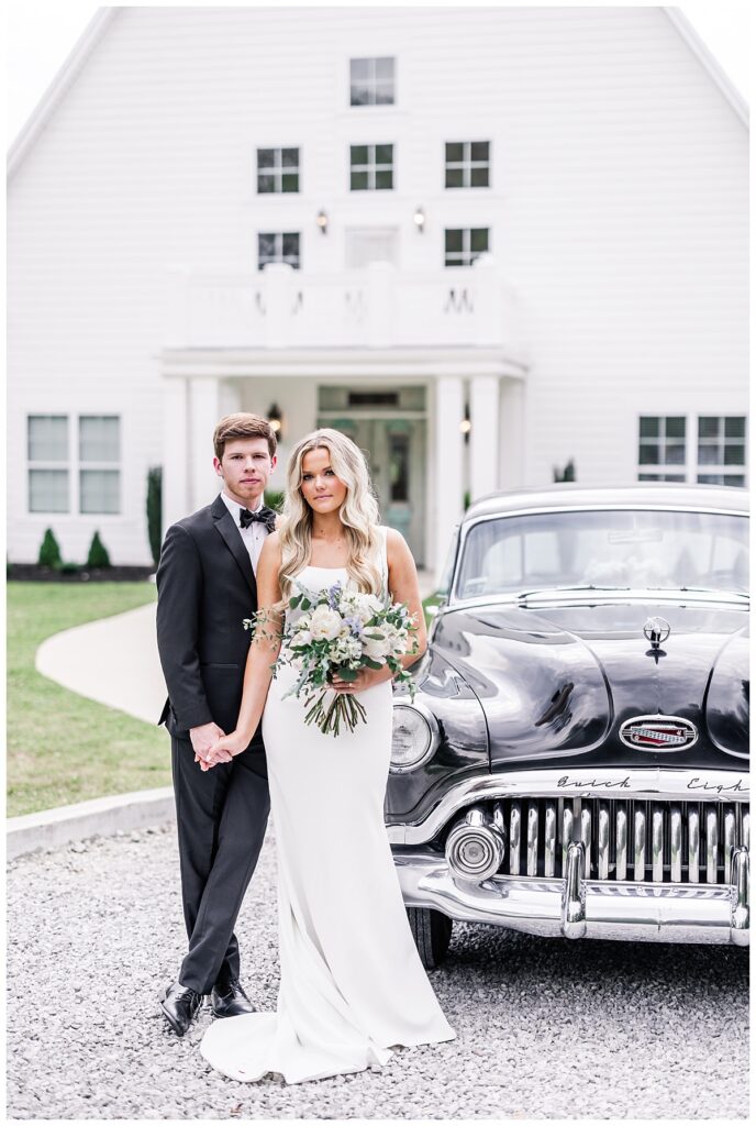 bride and groom with vintage car at harvest hollow
