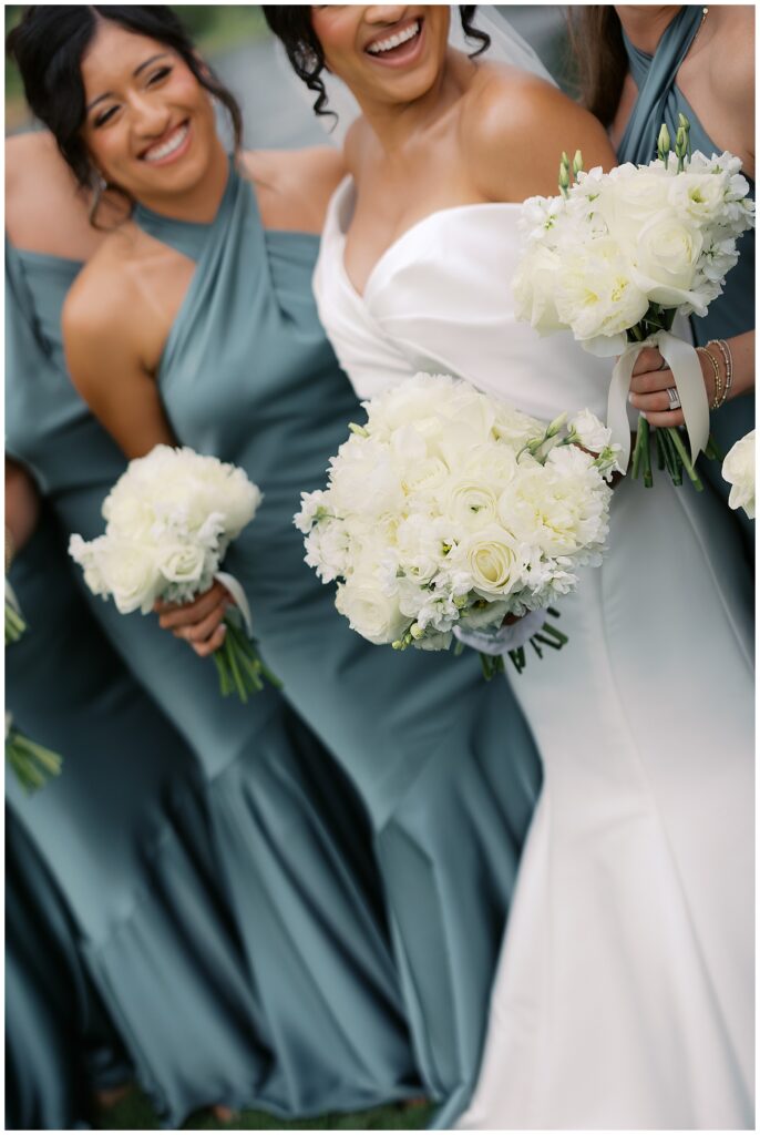 all white bridal bouquets with sage bridesmaids dresses